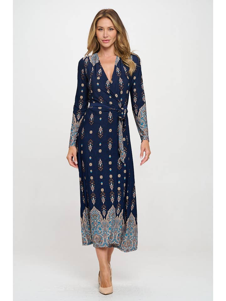 Navy Made in USA Brushed Knit Print V neck Jersey Wrap Maxi Dress for wholesale on Faire