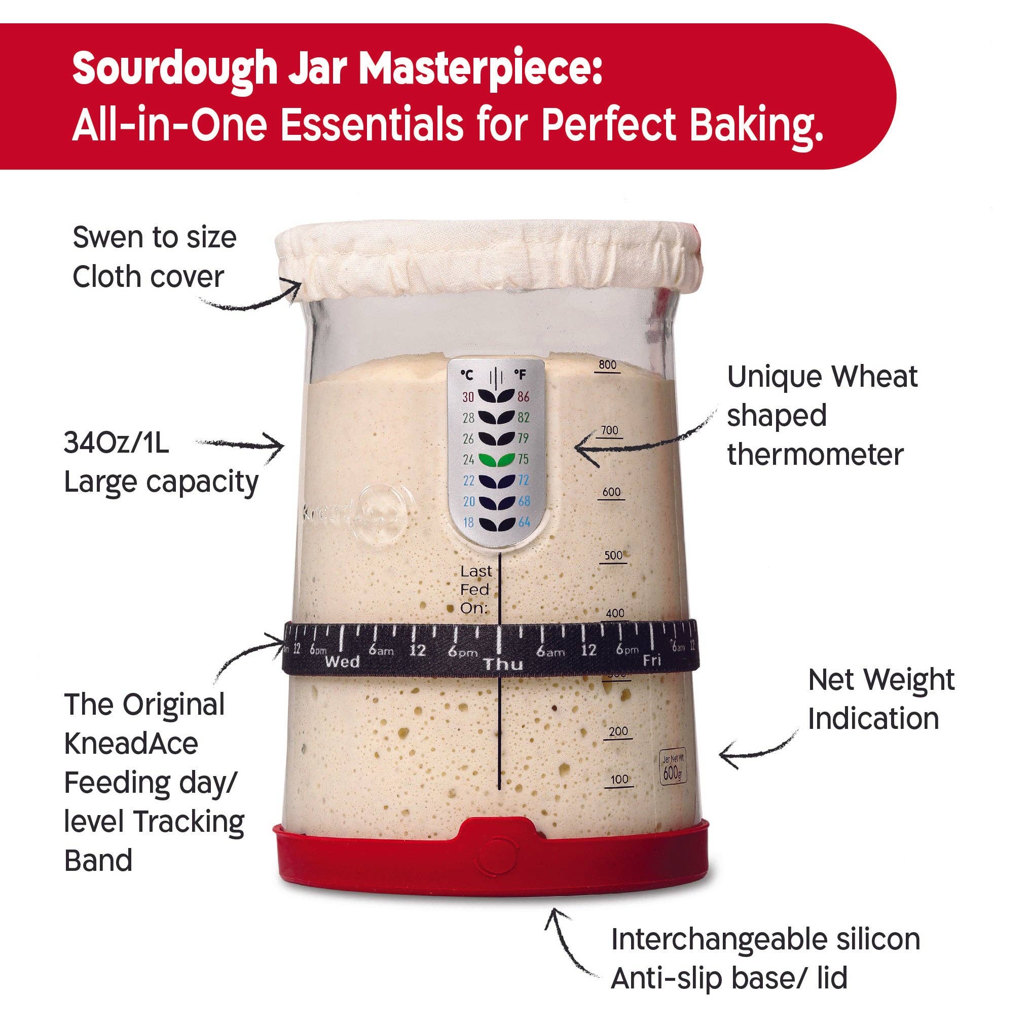 KneadAce – wholesale Kitchen tool/gadget – KneadAce® PRO  34 Oz Sourdough Starter Jar1