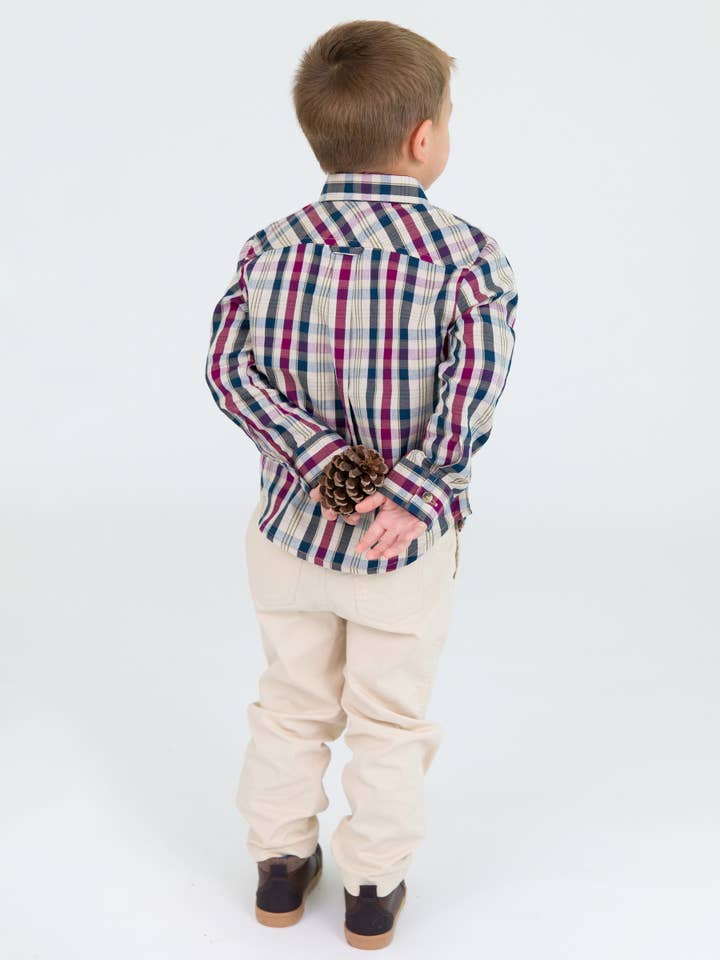 Navy Boys Rowan Plaid Long Sleeve Button Down Shirt for wholesale on Faire