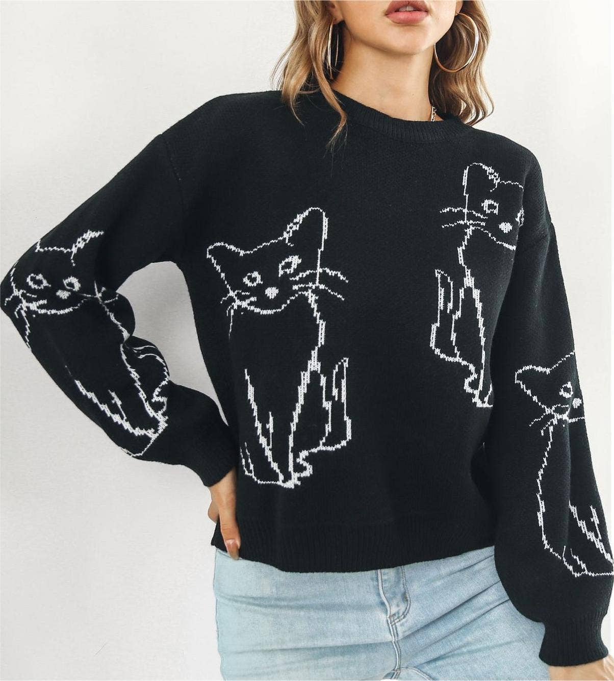 Rosa Clothing - Vente Pull en maille – femme - Pull jacquard tricoté à motif animaux chat9