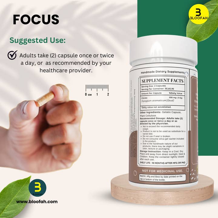 Bloofah - Venta al por mayor Suplementos/vitaminas para beber - Cápsulas de Clavo Bloofah 1000mg por Porción | (Syzygium aromaticum) Polvo de Clavo Natural, 100% Puro, No OGM, Suplemento de Clavo para Uso Diario que Apoya el Bienestar y la Salud General