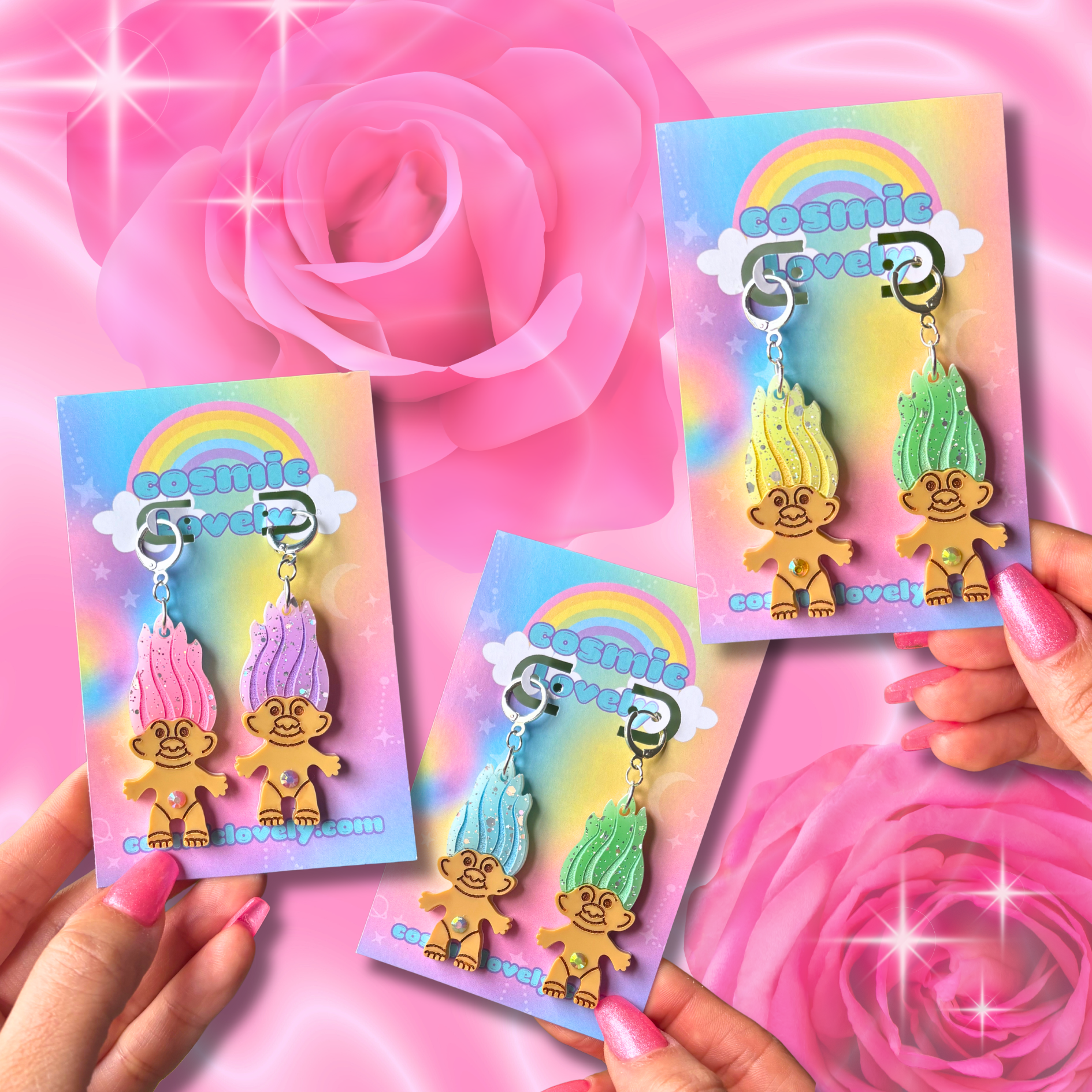 Cosmic lovely – wholesale Hängande örhängen – Pastell regnbåge konfetti vår trollörhängen1