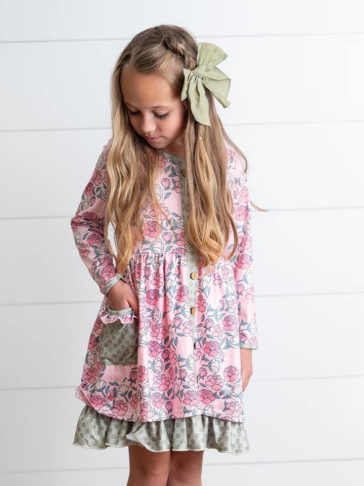 Girls Rose Floral & Sage Check Ruffle Pocket Tie Dress for wholesale by Adorable Sweetness