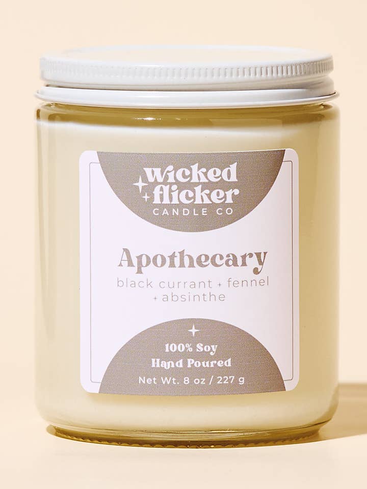 Apothecary 8oz Soy Candle for wholesale by Wicked Flicker Candle Co.