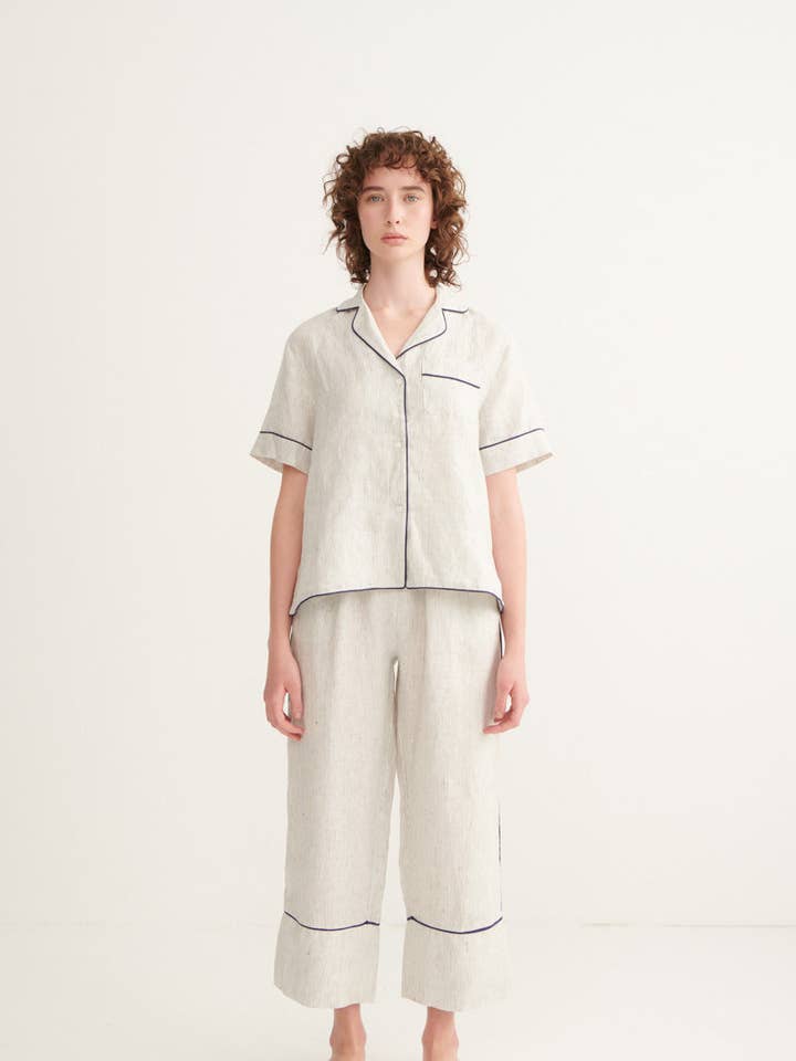 Pin Stripe Ivy Short Sleeve Shirt & Pant Pyjama Set for wholesale by ANDREA & JOEN