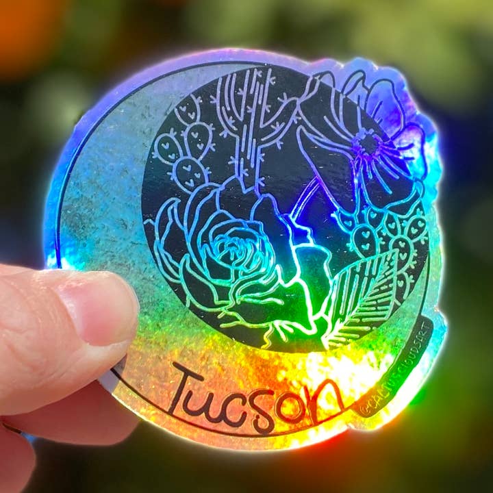 Tucson Moon Holographic Vinyl Sticker for wholesale by Cactus Clouds Art