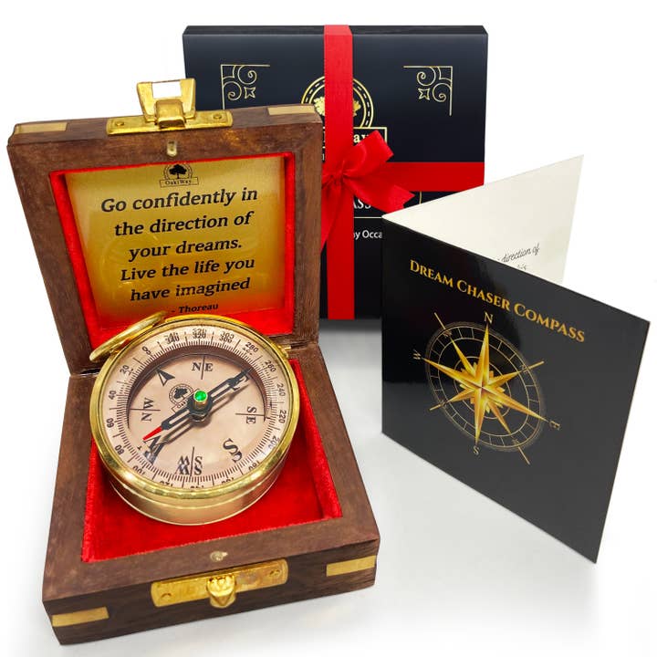 Dream Chaser Unique Compass in Wooden Box - Men Birthday, Dad, Husband, Graduation Gifts for Him or Her, Boys High School, College Graduation Gifts, Office Desk Decor for wholesale by OakiWay