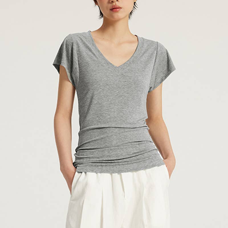 WONDERXFANS - Wholesale T-Shirt - Women's - TENCEL V-NECK DROPPED SHOULDER ANTIBACTERIAL SLIM-FIT T-SHIR2