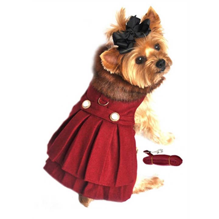 Doggie Design - Wholesale Pet Coat - Dog - Wool Fur-Trimmed Dog Harness Coat - Burgundy