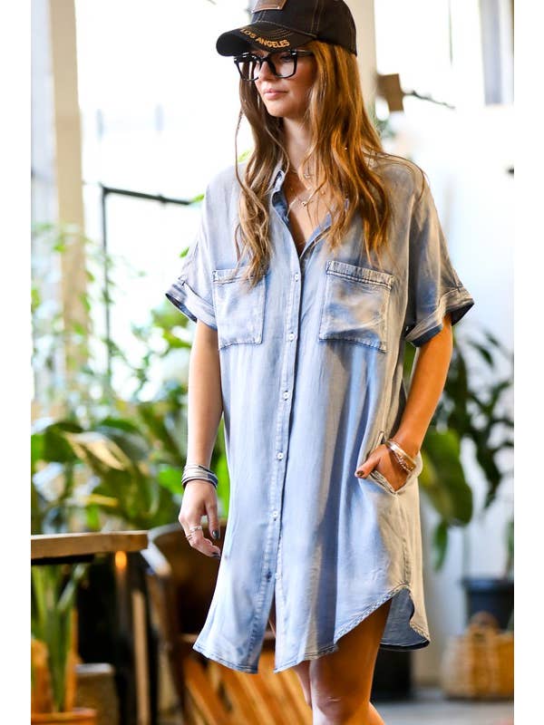 MK3369 Short sleeve front button down denim shirt dress for wholesale on Faire