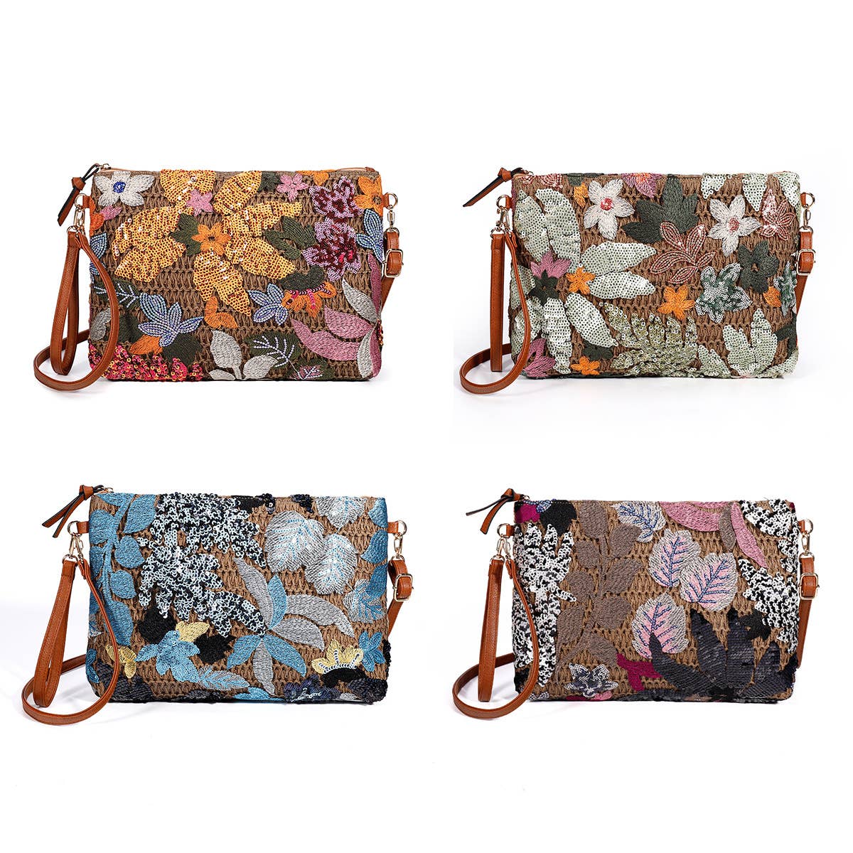 PEACH ACCESSORIES - Wholesale Clutch Bag - Women's - Large Floral Embroidered Straw Clutch Bag A1911