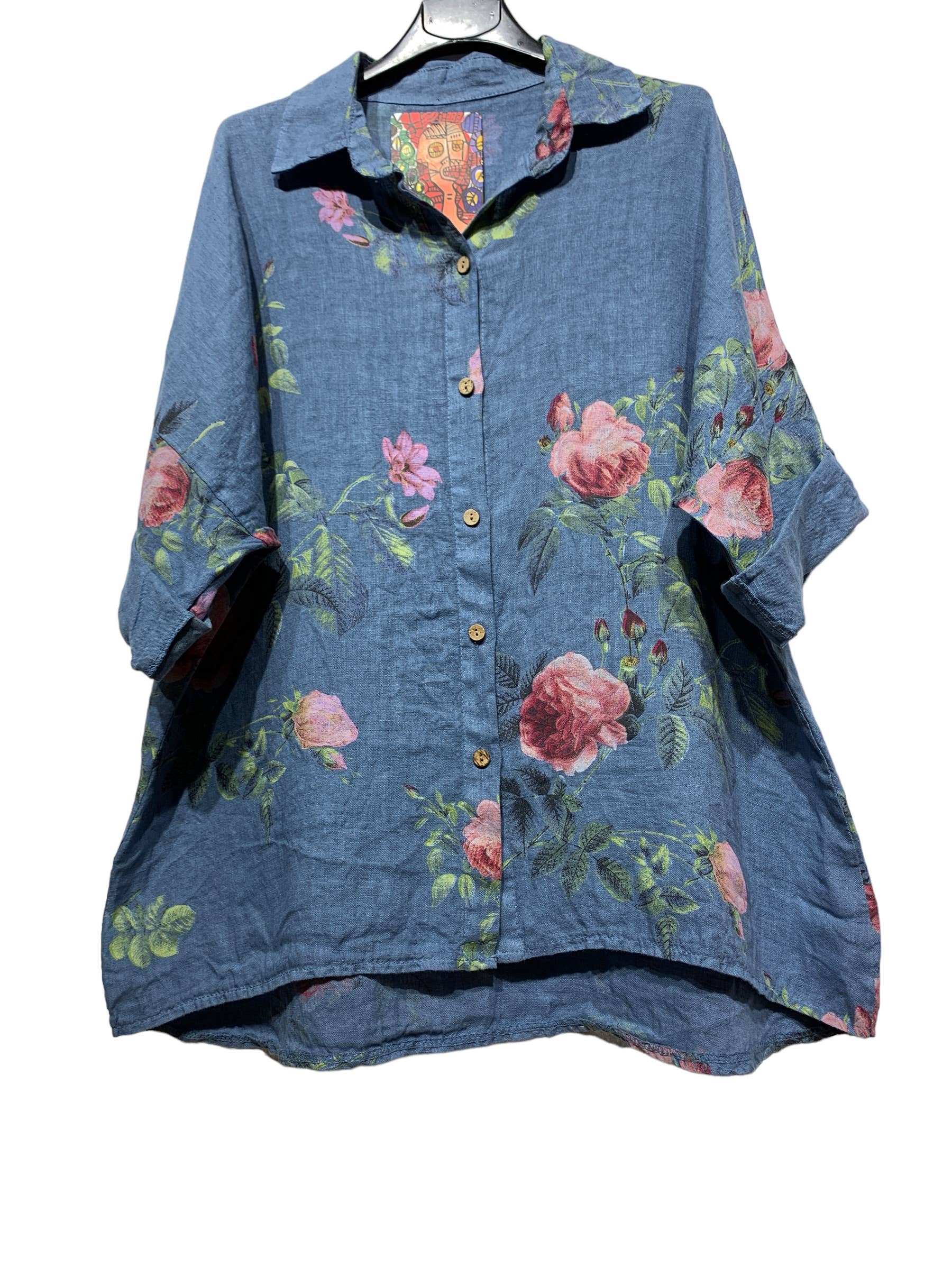LINEN & COTTON HOUSE – Engroshandel Skjorte med buttondown – til kvinder – Tunika i 100% hør med blomsterprint 52352