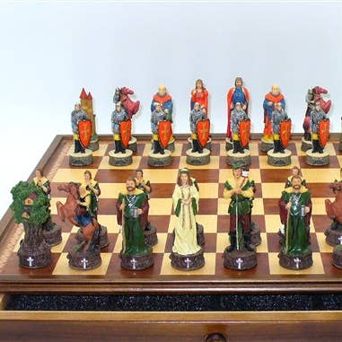 Chess Set - Robin Hood Resin Chessmen on Walnut/Maple Chest for wholesale by WorldWise Imports