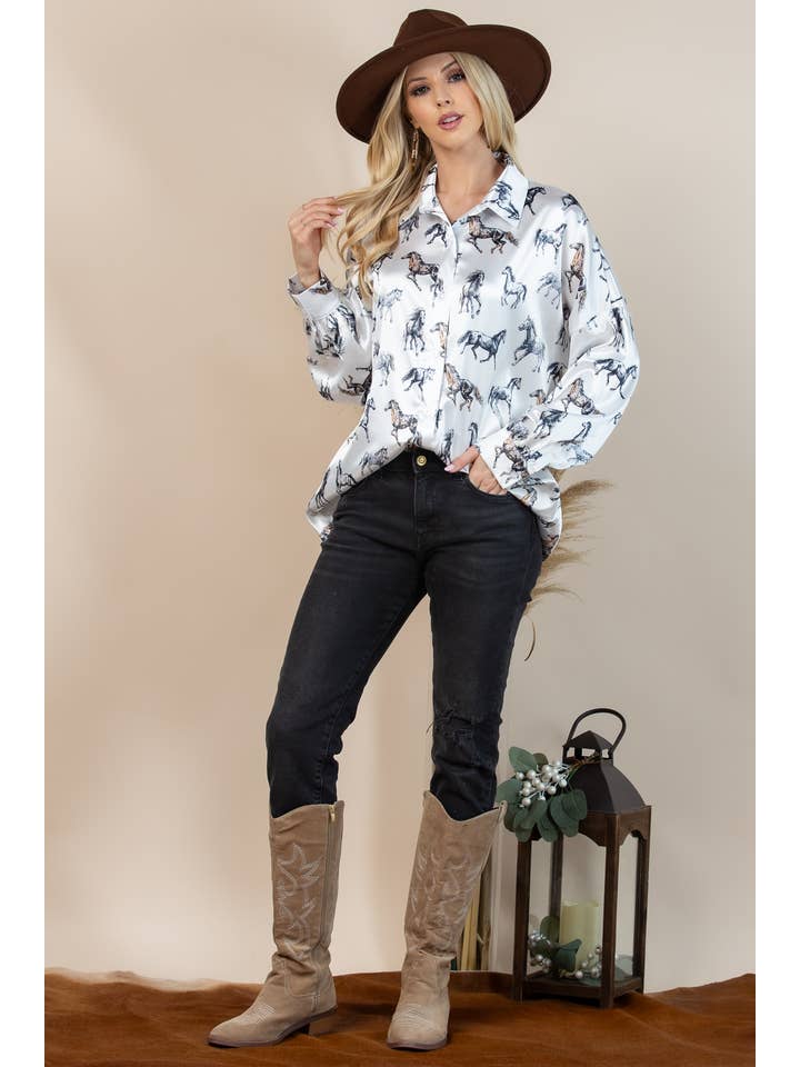 T1361S-4931-Western Horse Graphic Print Satin Button Down To for wholesale on Faire