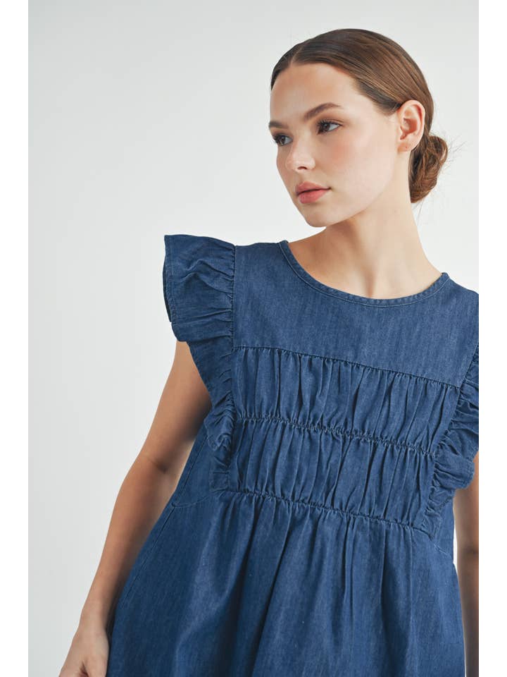 Ruffled Denim Smocked Flutter Sleeve Top for wholesale on Faire13