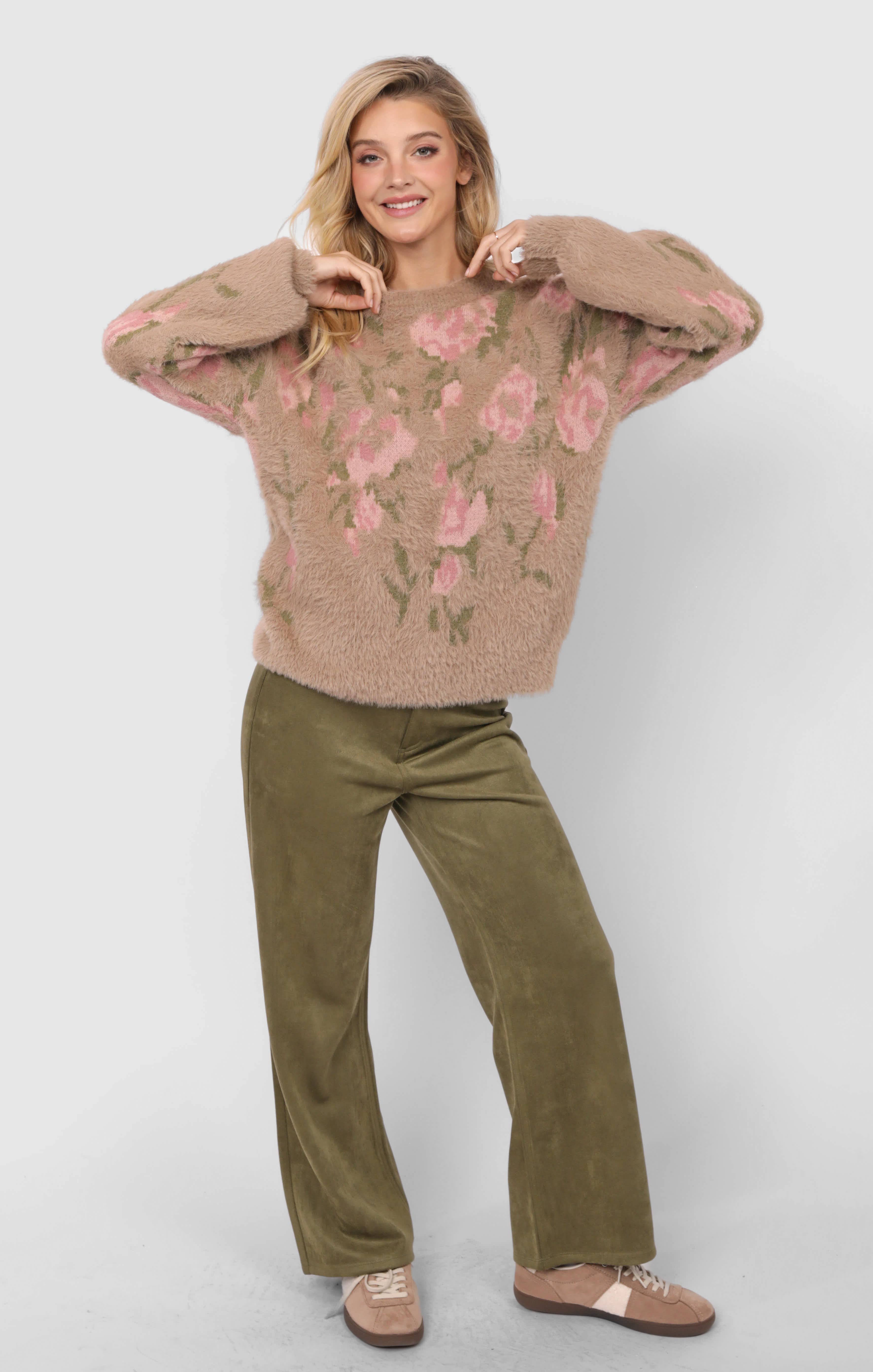 Sadie & Sage - Wholesale Knitted jumper – Women′s - Camila Eyelash Yarn Jacquard Pullover Sweater : TAUPE MULTI17