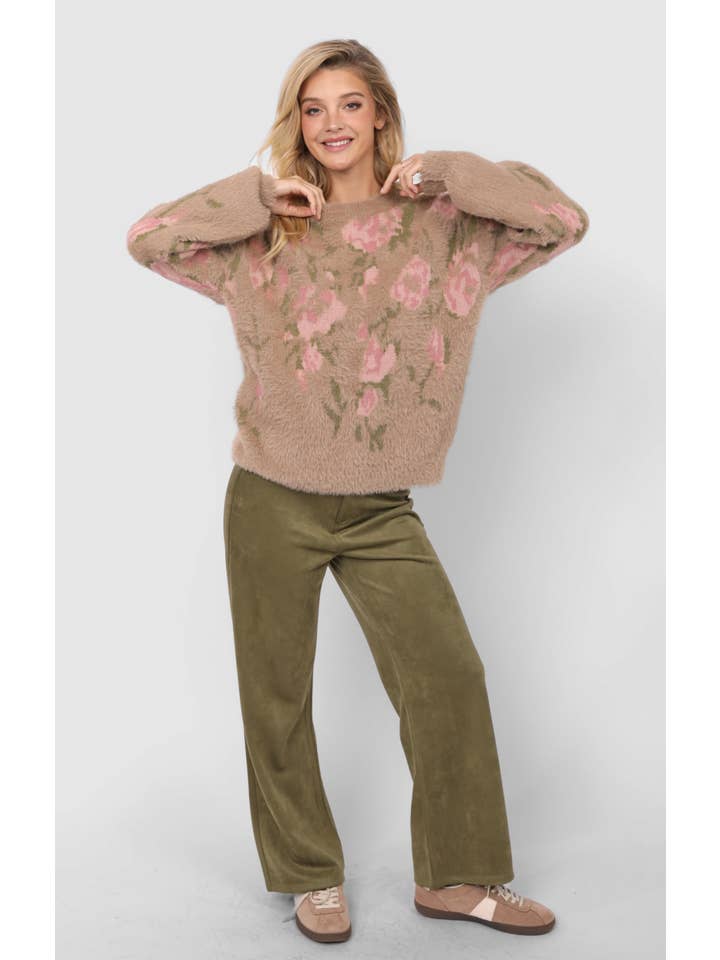 Sadie & Sage - Wholesale Knitted jumper – Women′s - Camila Eyelash Yarn Jacquard Pullover Sweater : TAUPE MULTI17