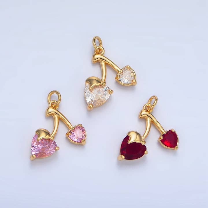 24K Gold Filled Clear, Red, Pink CZ Cherry Fruit Mini Charm | X601 X602 for wholesale by Aim Eternal