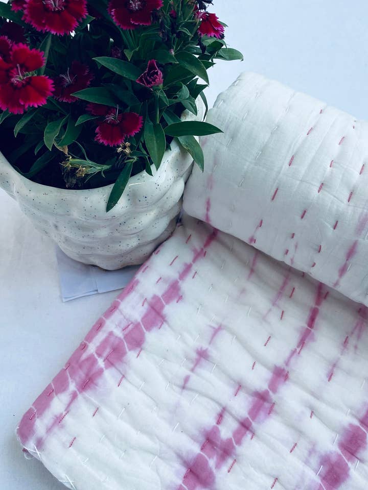 Baby Quilt, Handmade Pink Tie-Dye Kantha Blanket for Toddler for wholesale by Artsy Home