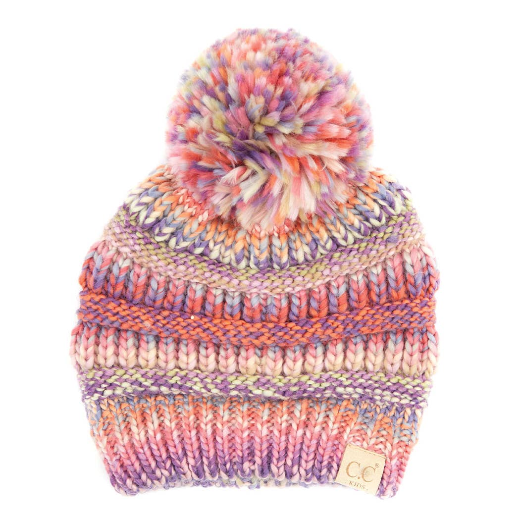 Fashion City - Vente Bonnet – enfant - Bonnet à pompons multicolore en tricot torsadé pour enfant3