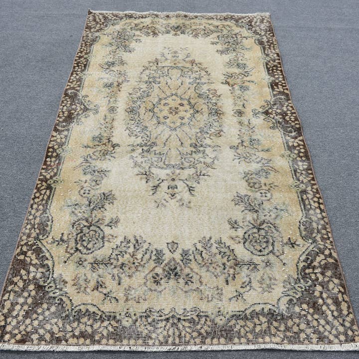 Handgemaakt beige en bruin tapijt, 3,7x6,6 ft klassiek patchwork voor wholesale door Vintage Rugs Loom