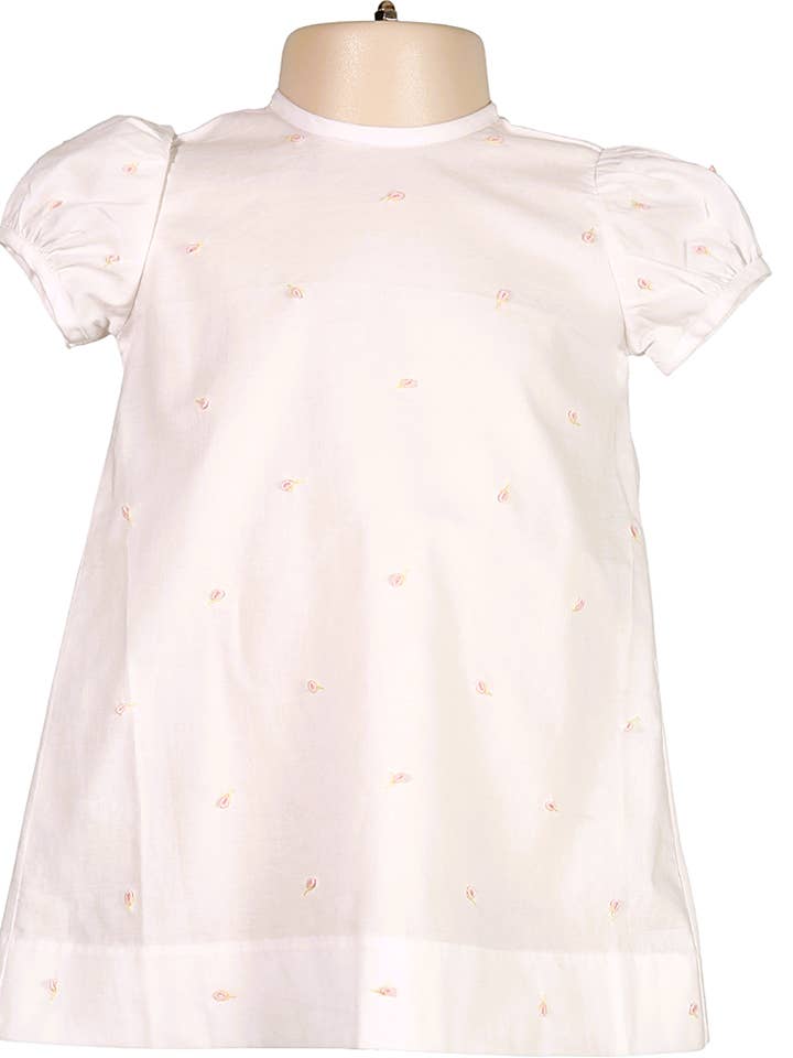 White Heirloom Rosebud Hand Embroidered Dress for wholesale by Hello Bebes!