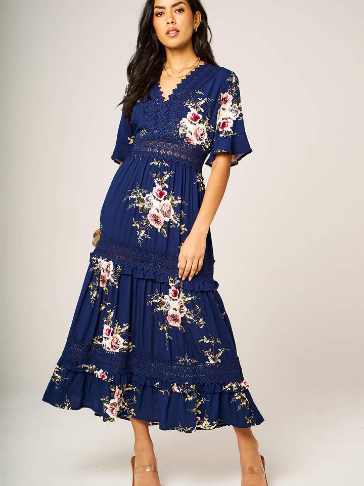 Floral Print V Neck Lace Detail Midi Dress In Navy for wholesale by FS Collection
