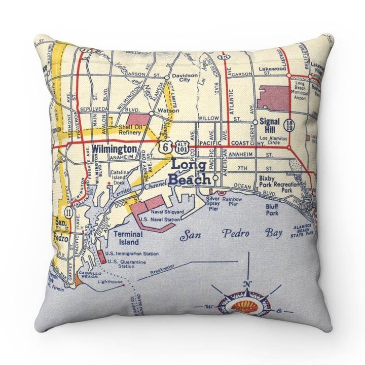 Long Beach California Map Pillow – 18" Square Throw Pillow for wholesale by Daisy Mae Designs