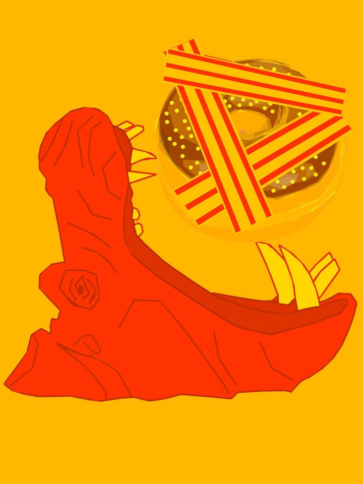 Pop-Art-Druck von Giraffes and Robots, rotes Nilpferd mit Donut für den Großhandel von Giraffes and Robots Pop Art Studio