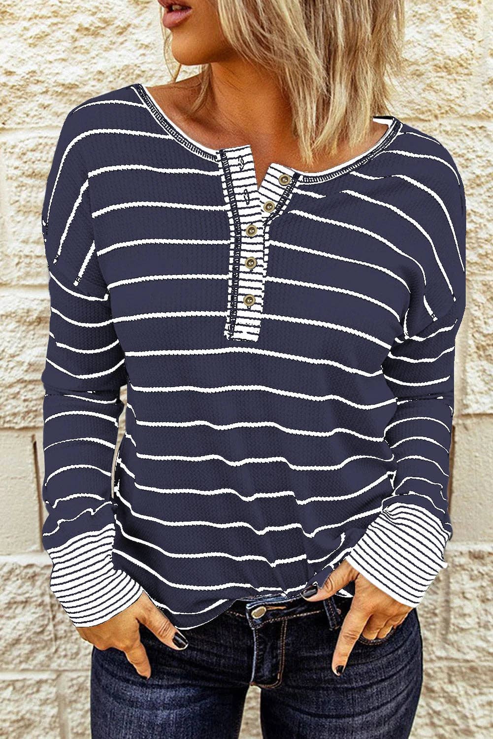 Lovesoft – wholesale Knit top – Women's – Striped Color Block Buttoned Waffle Knit Shirt8