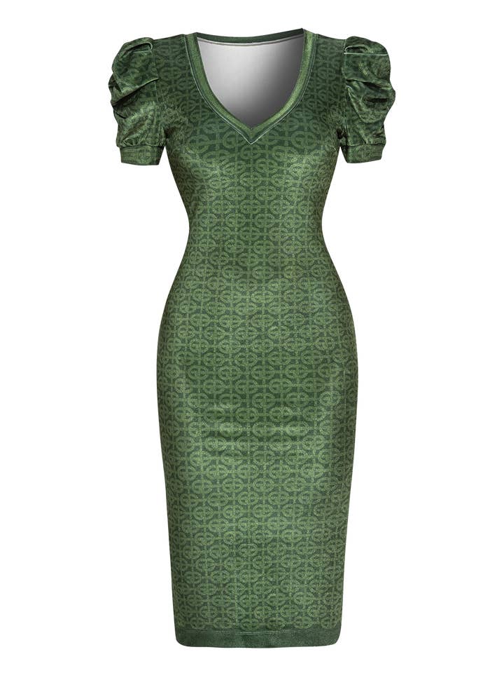 Fashion Roots - Wholesale Dress – Women's - VELVET DRESS WITH PUFF SLEEVES - EMERALD GREEN LOGO1