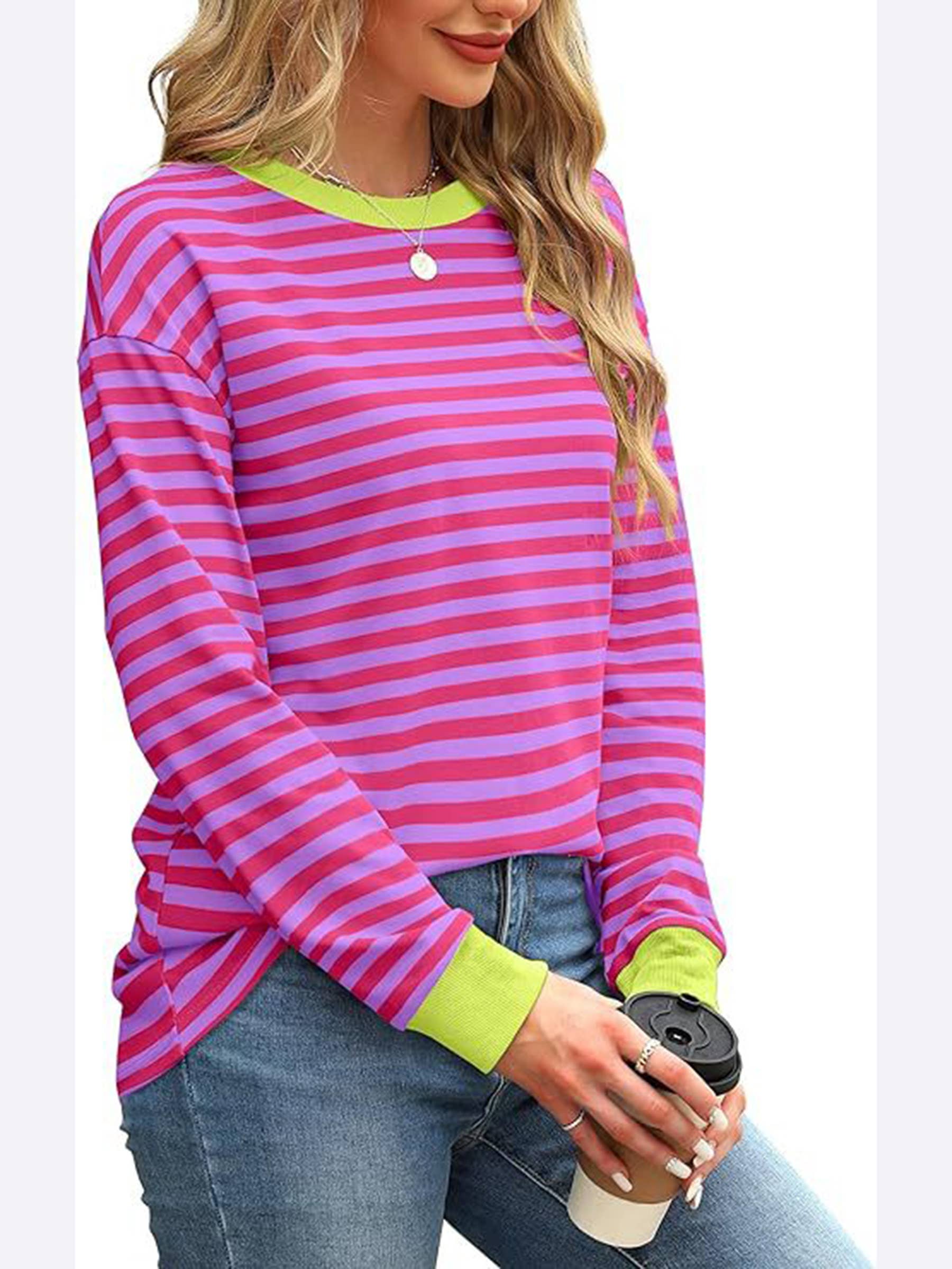 Wholesalesir - Wholesale Tunic - Women's - Contrast Loose Round Neck Striped Long Sleeved Top4