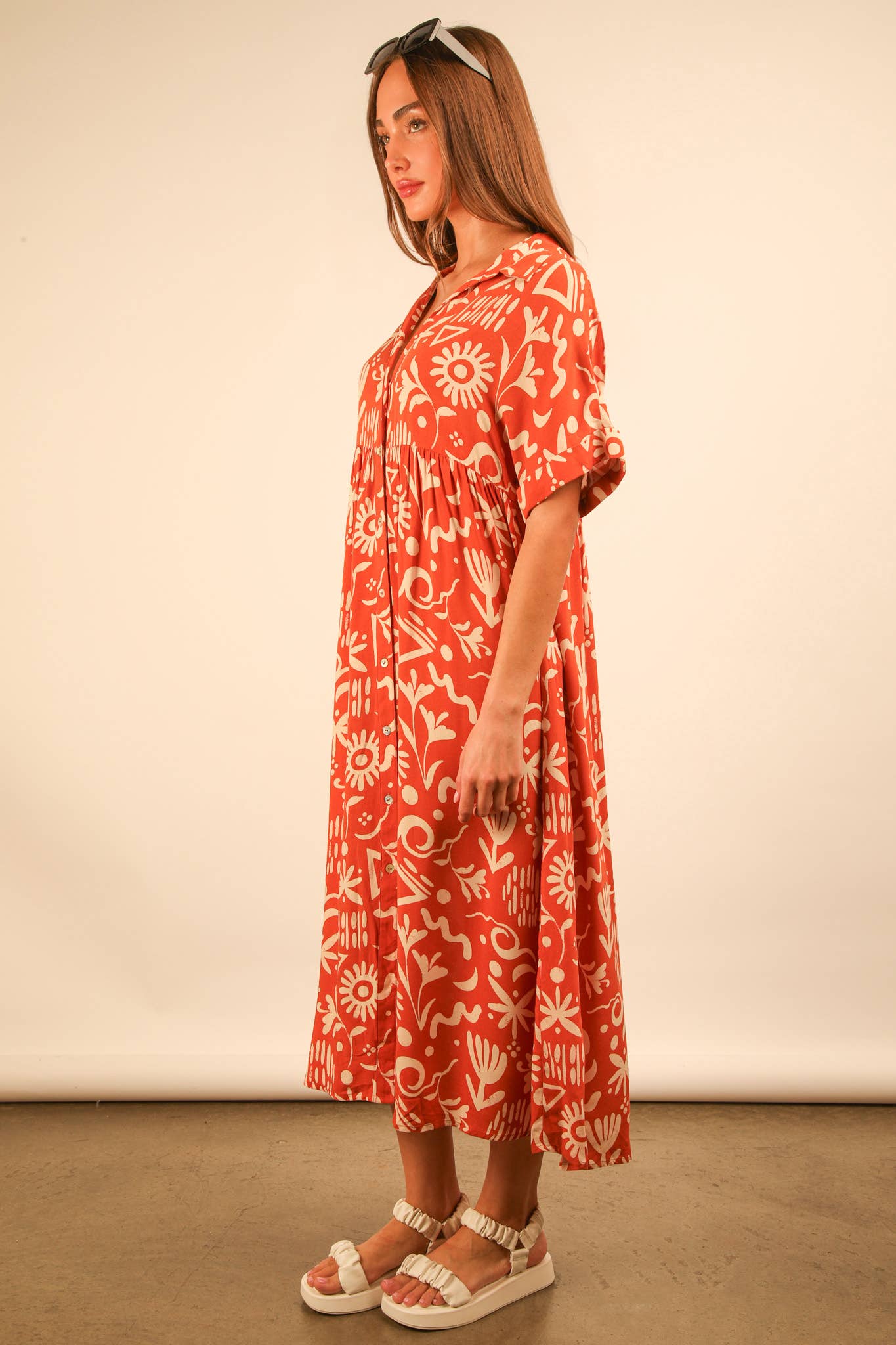 MÉLANGE COUCHER DE SOLEIL ND31583X-PLUS SIZE Robe midi à chemise imprimée surdimensionnée en vente sur Faire10