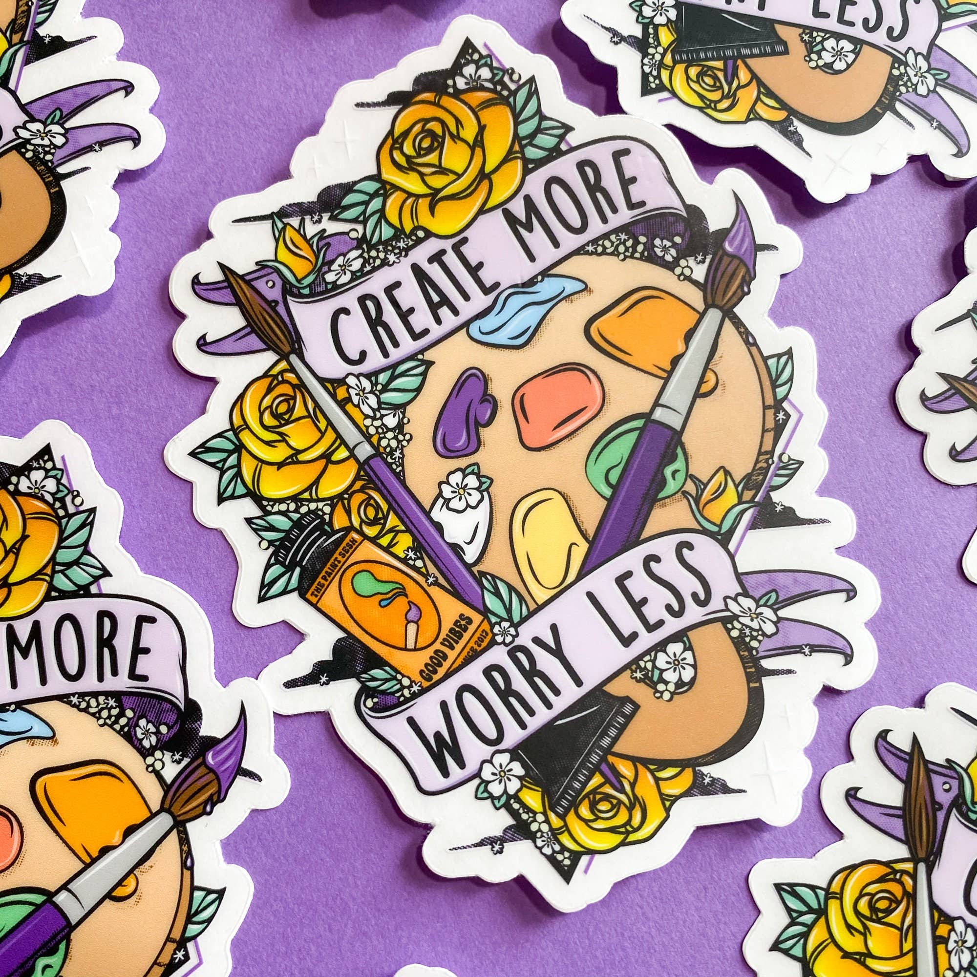 The Paint Sesh - Vente Autocollant - Autocollant Create More Worry Less transparent | Autocollant pour artiste7