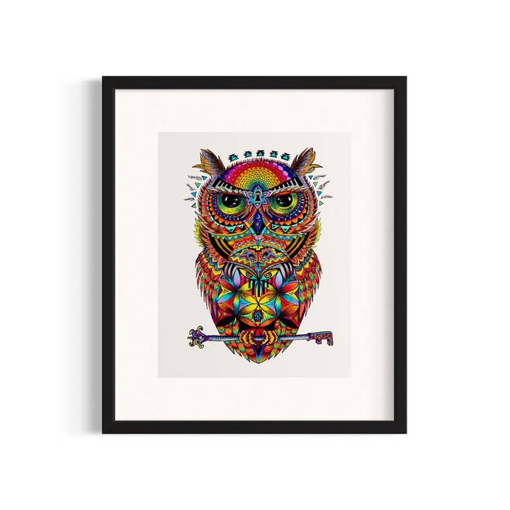 Geometric Owl with Key and Keyhole Art Print for wholesale by The Vela Ranch