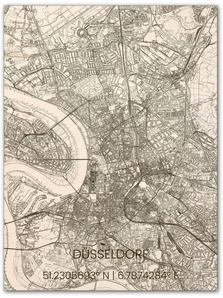 Houten wanddecoratie stadsplattegrond Düsseldorf voor wholesale door Brandthout.
