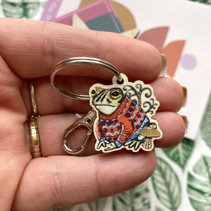 Toad Keyring, Quirky Toad Key Fob, Toad in Jumpers. for wholesale by Slumbermonkey Designs