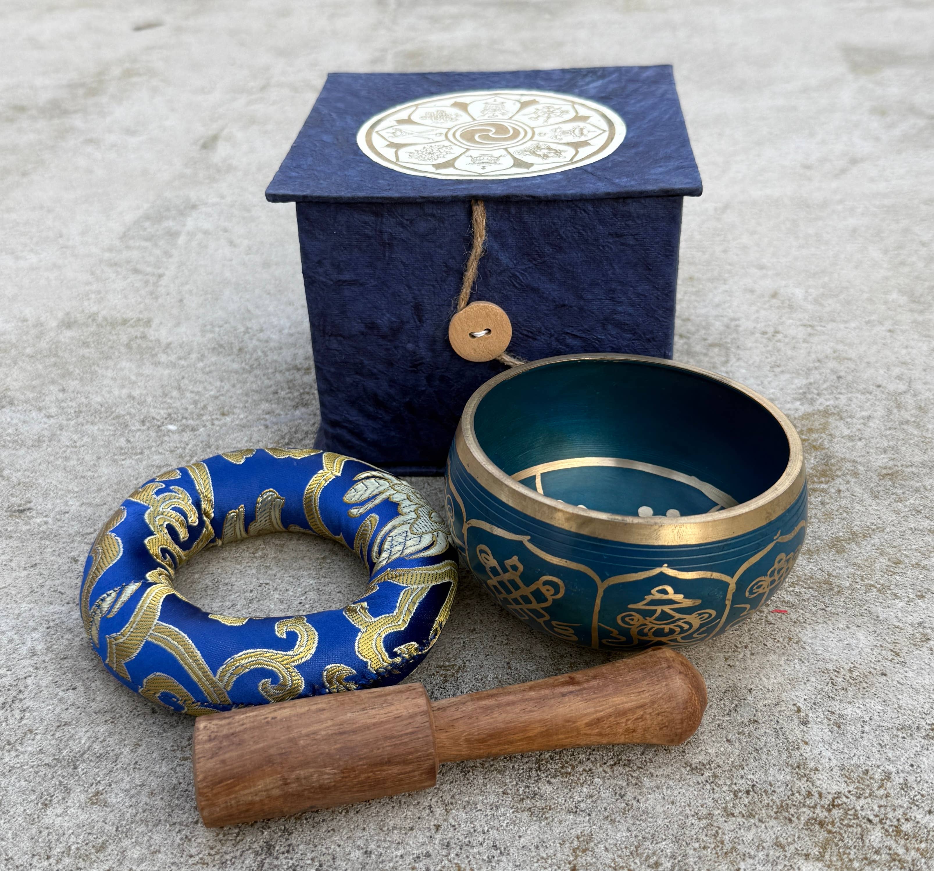 Lungta Imports - Wholesale Meditation Supplies - Tibetan Complete Singing Bowl Gift Box Set 8 Lucky Symbols 2