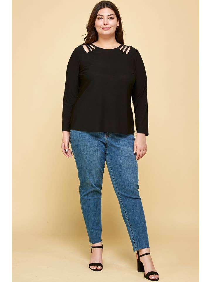Winslow Collection - Wholesale Knit Top - Women's - PLUS SIZE LONG SLEEVE BLACK CAGE SHOULDER TOP4