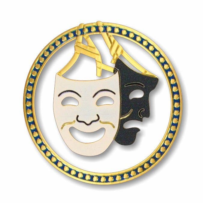 Segnalibro in metallo con maschere di tragedia e commedia, PRODOTTO negli USA per la vendita all'ingrosso da parte di David Howell and Company