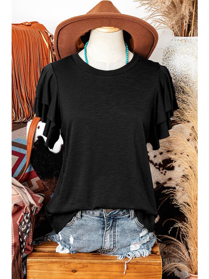fashionworks - Wholesale Blouse - Women's - Fashion Western Layered Ruffle Short Sleeve Round Neck Top