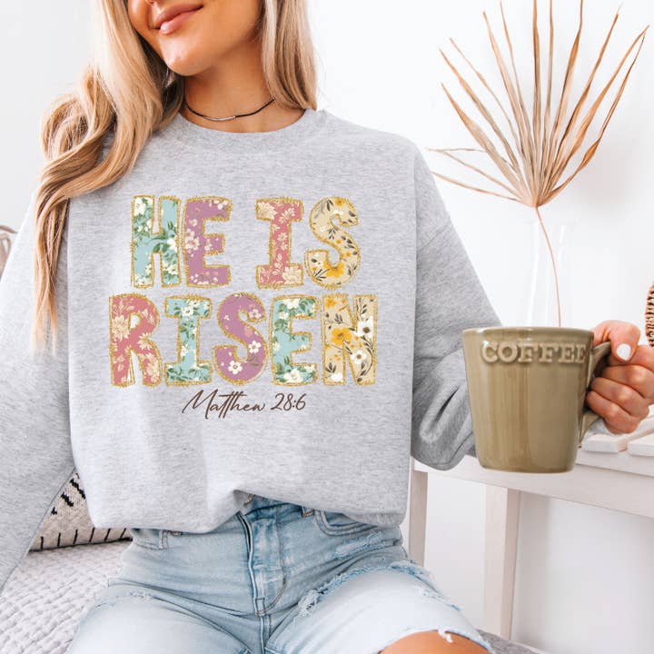 Sudadera floral de cuello redondo "Él ha resucitado" para venta al por mayor de Moxie Brands