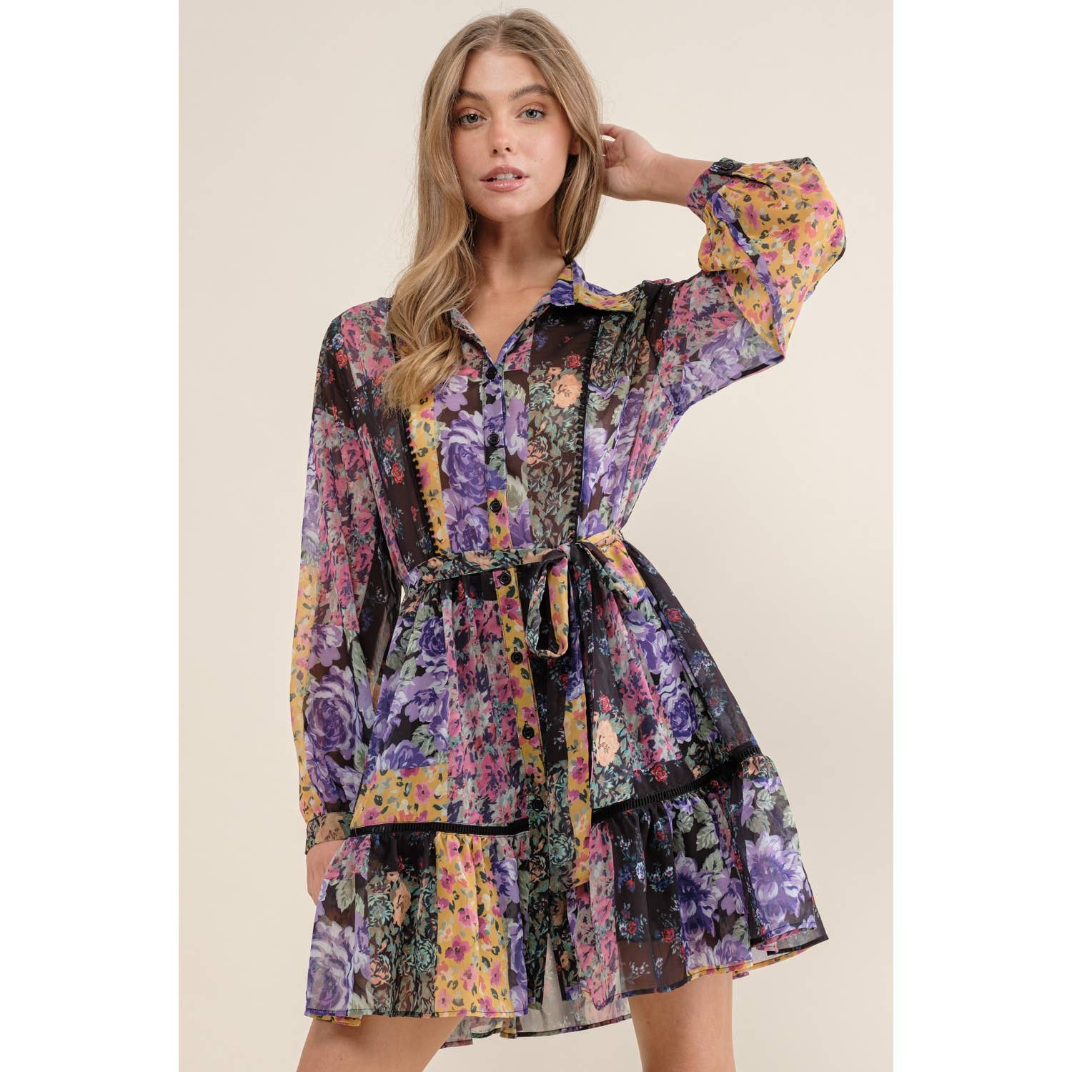 Sweet Generis – wholesale Dress – Women's – FLOWER PRINT LONG SLEEVE SHIRT DRESS10