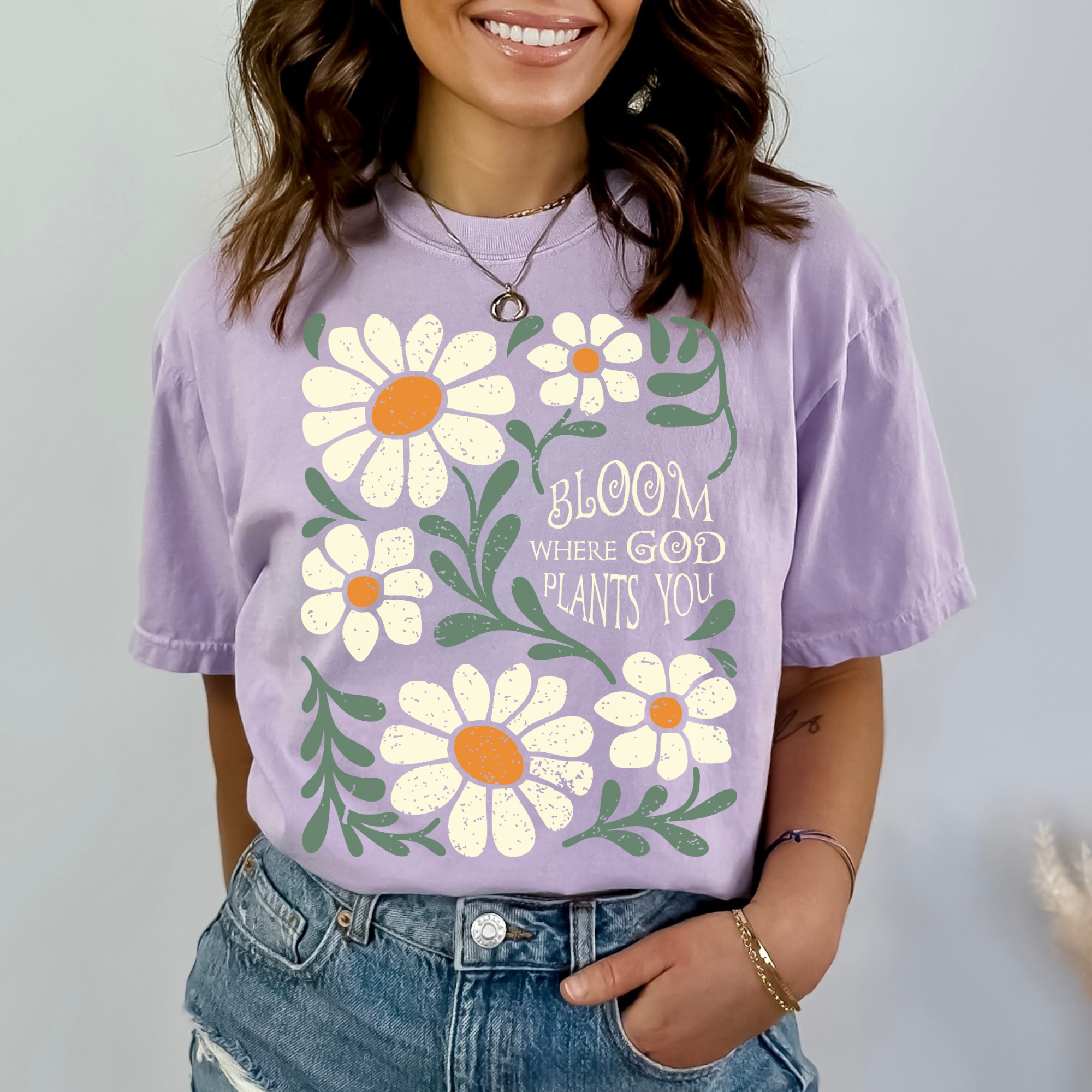 Scripted Pearl - Wholesale Screen Printed T-Shirt - Women's - Bloom Where God Plants You Comfort Colors Christian T Shirt13