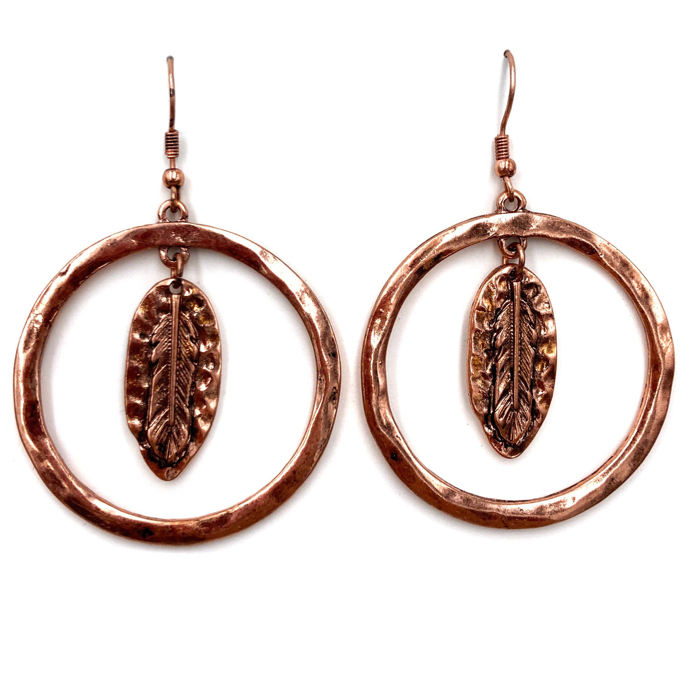 Lunar Deer - Wholesale Dangle Earrings - Copper Hoop Circle Dangle Feather Earring0