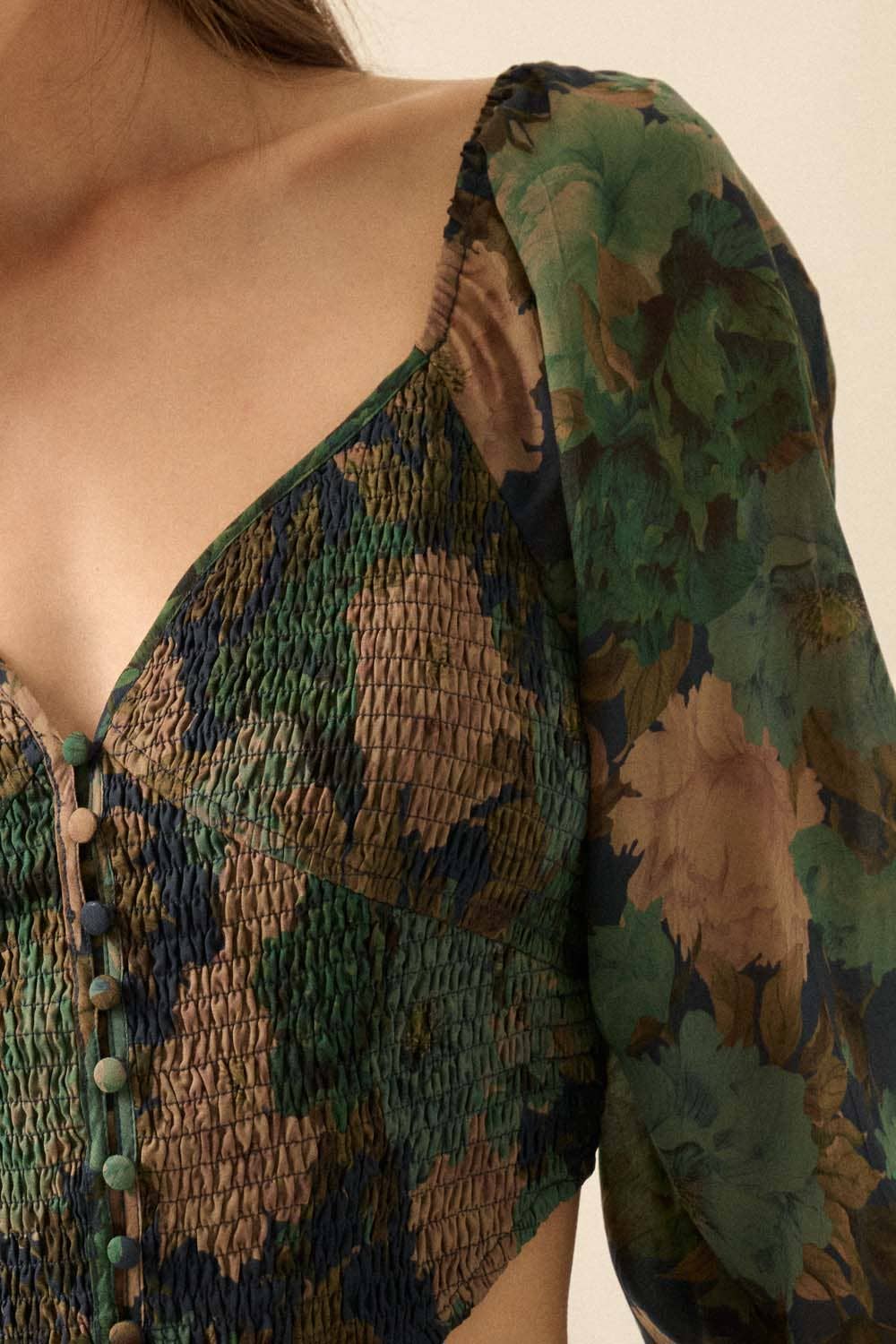 Promesa USA - Wholesale Blouse - Women's - Floral-Print Smocked Sweetheart Corset Peasant Top1