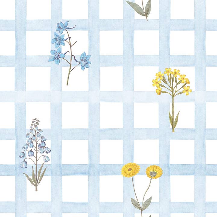 Fleurs de prairie sur papier peint à carreaux bleus pour la vente par DEKORNIK