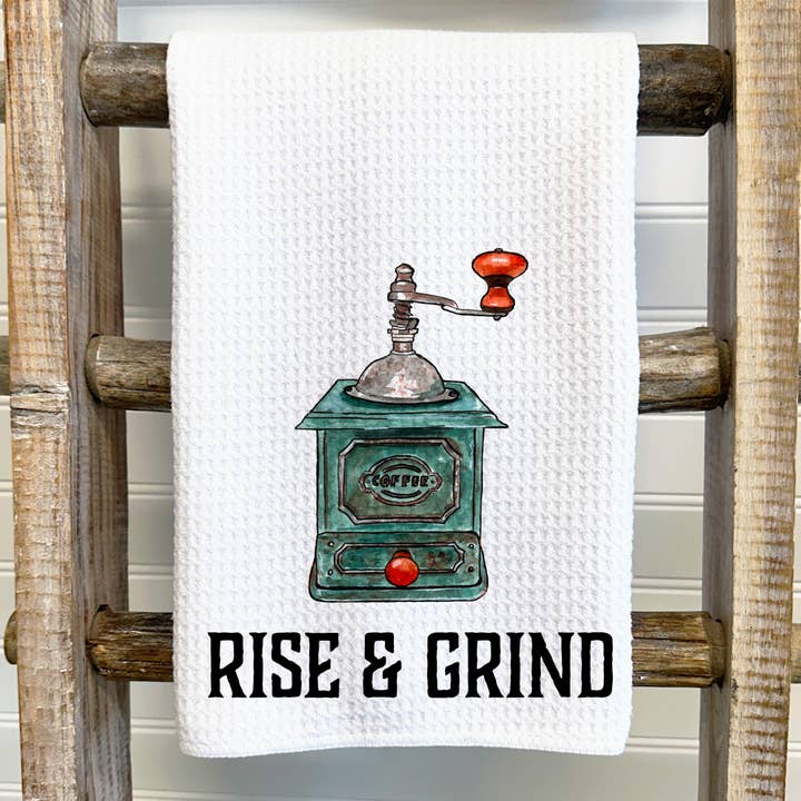 Rise and Grind Tea Towel - coffee shop for wholesale by This Joyful Home