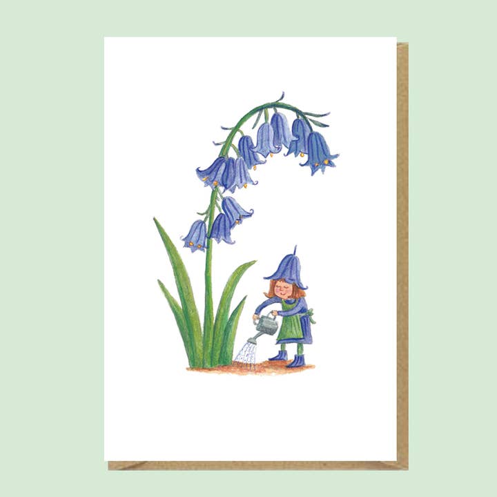 Juliet Thomas Doodles - Wholesale Everyday Greeting Card - watering the Bluebells, A6 greetings card1