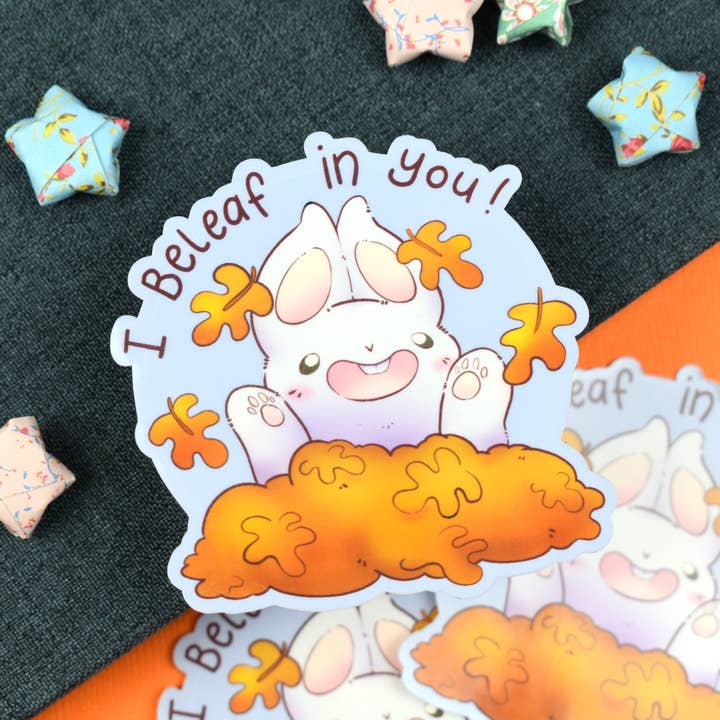 Fall Bunny Vinyl Sticker for wholesale by Kingsfoil and Coffee Designs